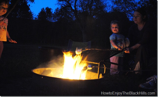 S'mores are on the menu at the Spearfish City Campground. This park like setting is the perfect place for primative camping or camping with full hookups. photo campfire at Spearfish City Campground SD
