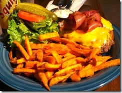 phot the bacon cheese burger with sweet potato fries at the Ponderosa Cafe Hulett Wy